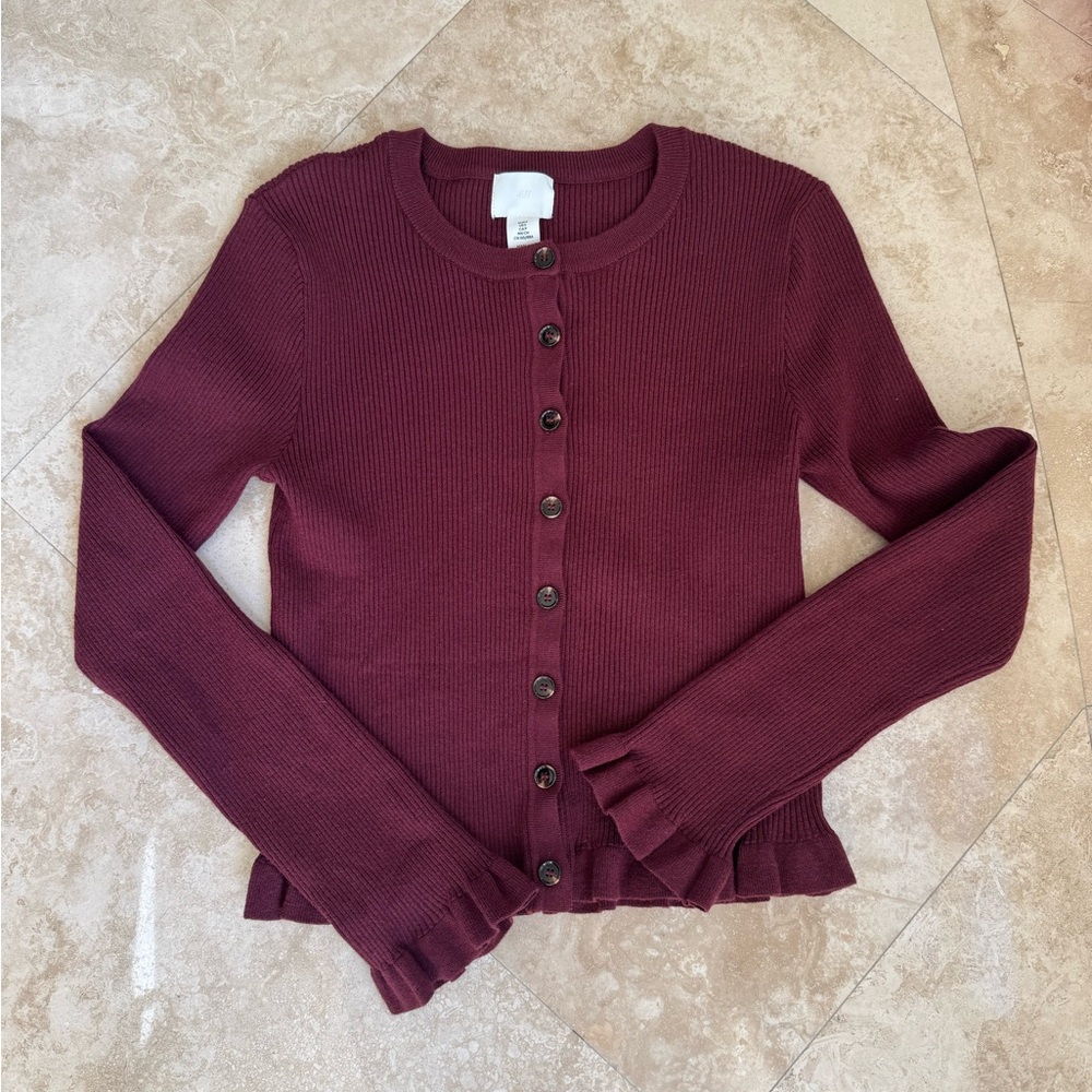 H&M Burgundy Ribbed Knit Cardigan Ruffle Frill Trim